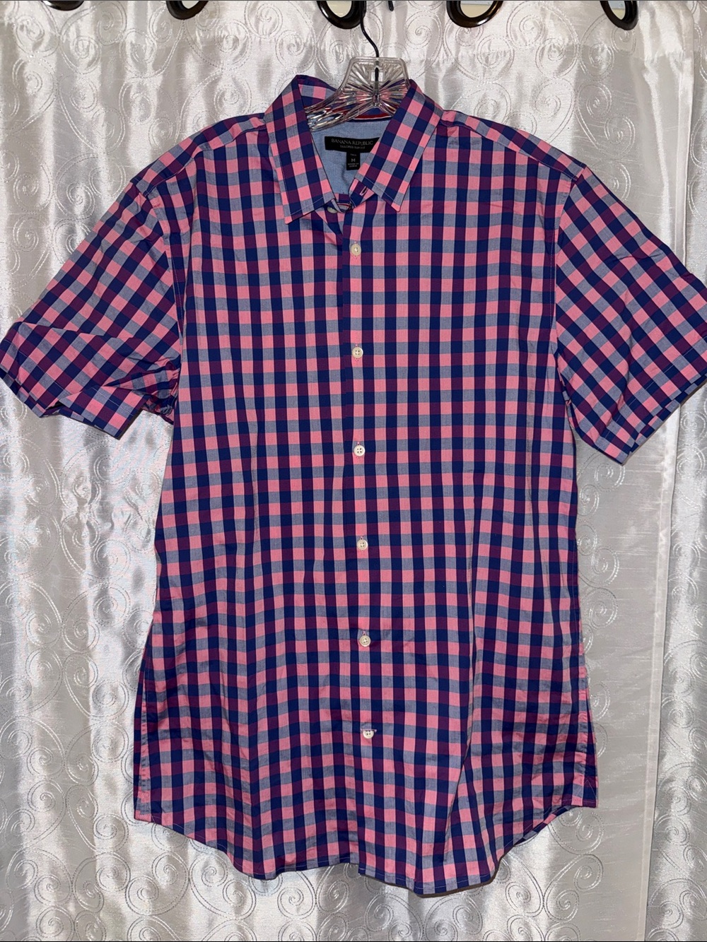 Banana Republic Pink and Navy Check Short-Sleeve Button-Down Shirt Size M 🔥 G11